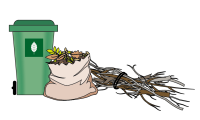 Grøn affaldsbeholder, sæk med blade og et bundt grene